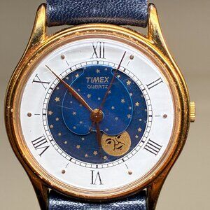 Vintage Rare 80’s 90s Gold Tone Timex Moonphase Stylish Elegant Cool Men’s Watch